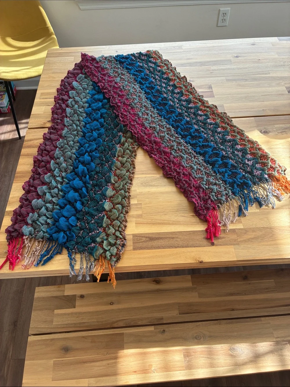 Artisan Multi-Color Textured Knit Scarf Jewel Tone Fringe Boho Dark Academia